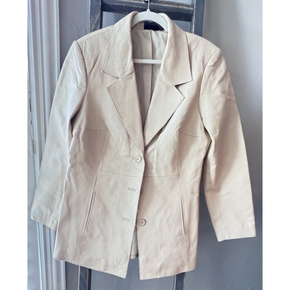 SHAPE FX Newport News Genuine Leather Cream Jacket Dressy See Measurements